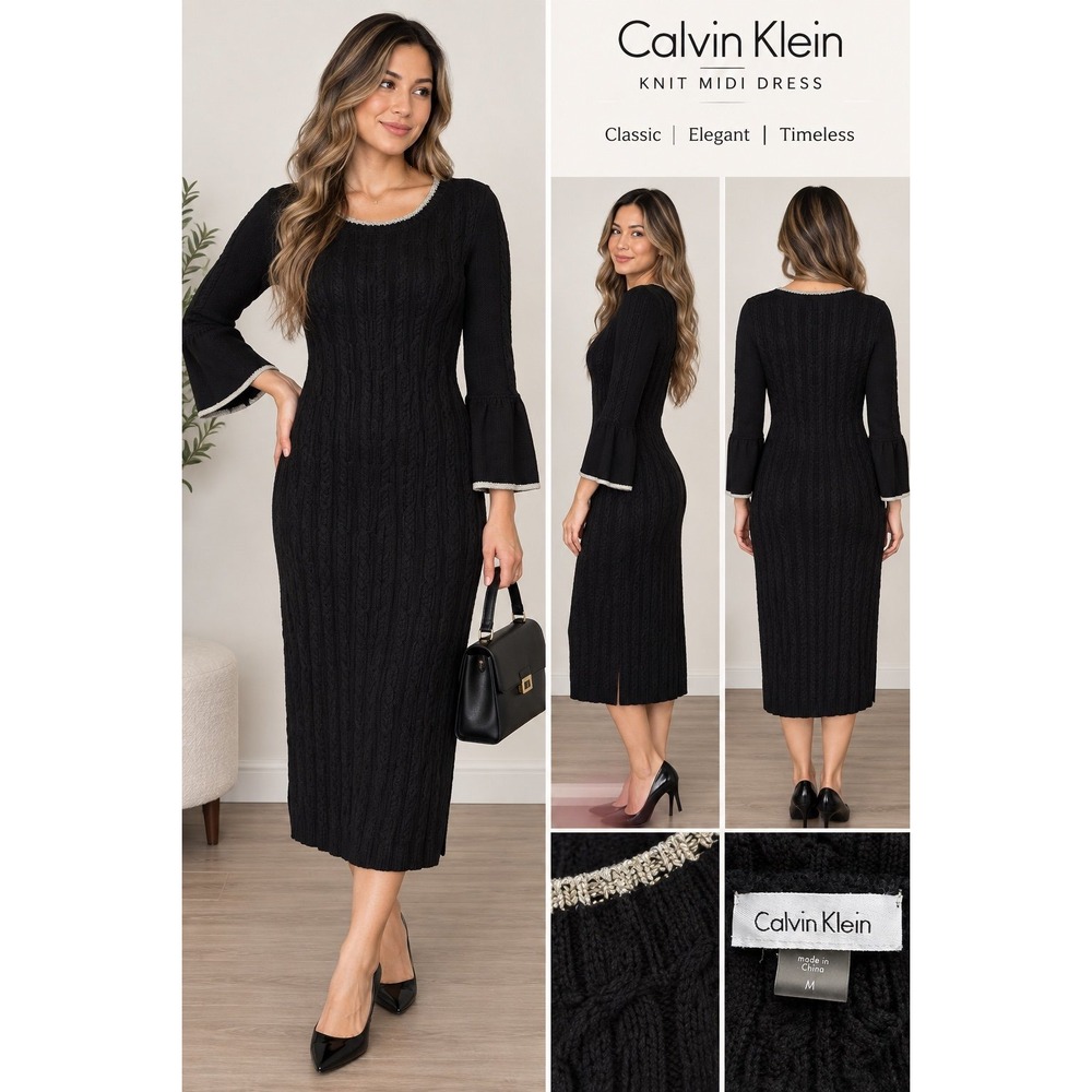 Calvin Klein Black Cable Knit Midi Dress Bell Sleeve Lurex Trim M